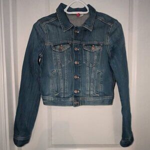 H&M Divided Concept Red Long Sleeve Cropped Button Front Denim Jean Jacket Coat